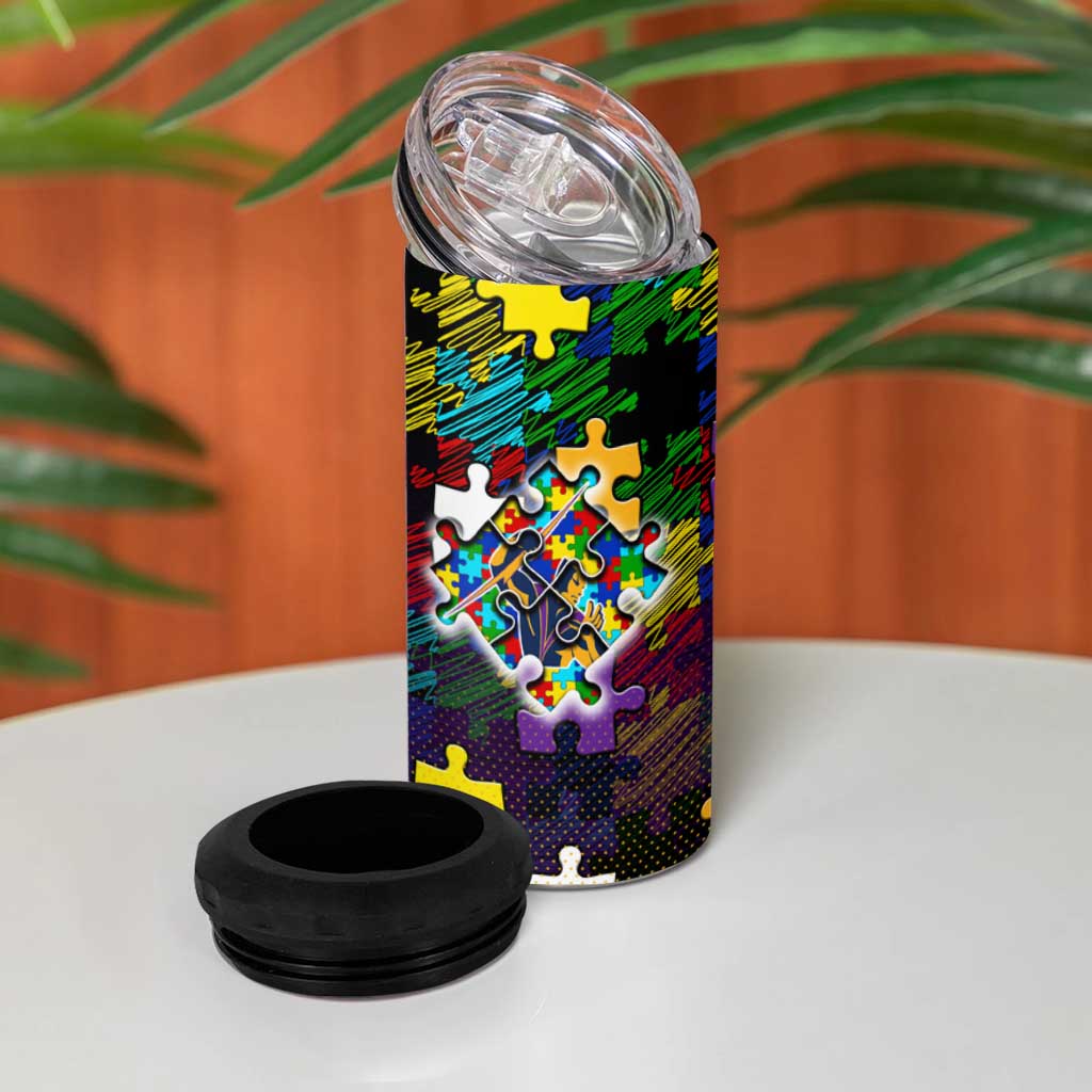 Storm Autism Awareness 4 in 1 Can Cooler Tumbler Puzzle Flames Rugby Ball