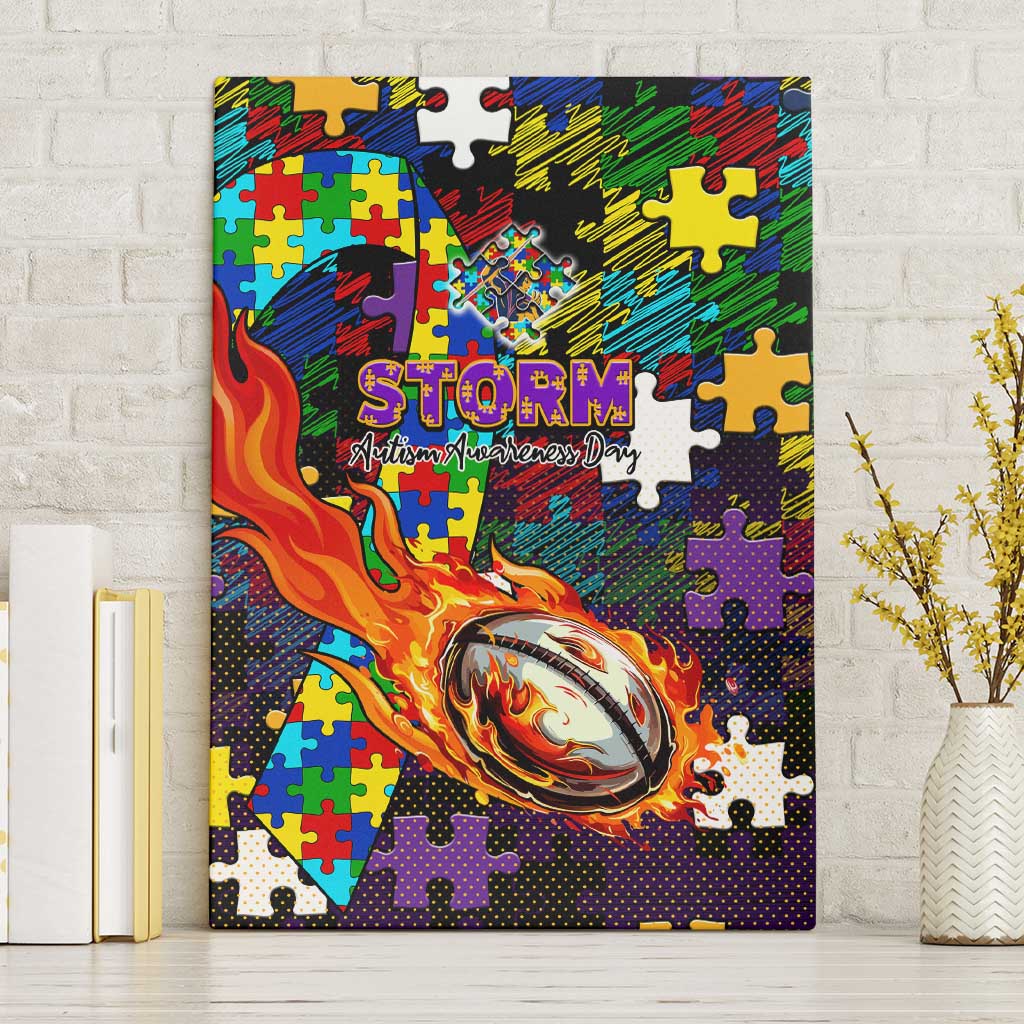 Storm Autism Awareness Canvas Wall Art Puzzle Flames Rugby Ball