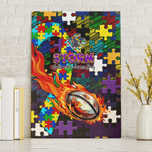 Storm Autism Awareness Canvas Wall Art Puzzle Flames Rugby Ball