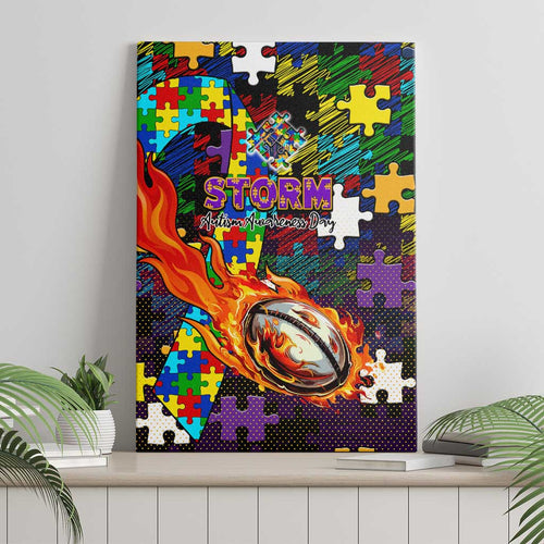 Storm Autism Awareness Canvas Wall Art Puzzle Flames Rugby Ball