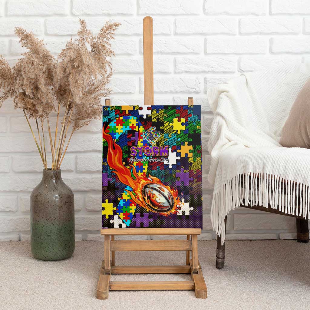 Storm Autism Awareness Canvas Wall Art Puzzle Flames Rugby Ball