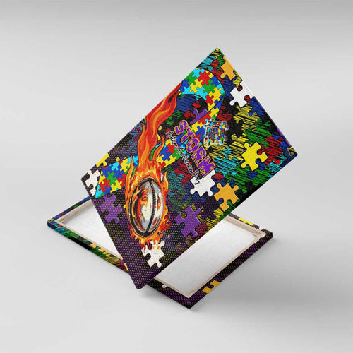 Storm Autism Awareness Canvas Wall Art Puzzle Flames Rugby Ball