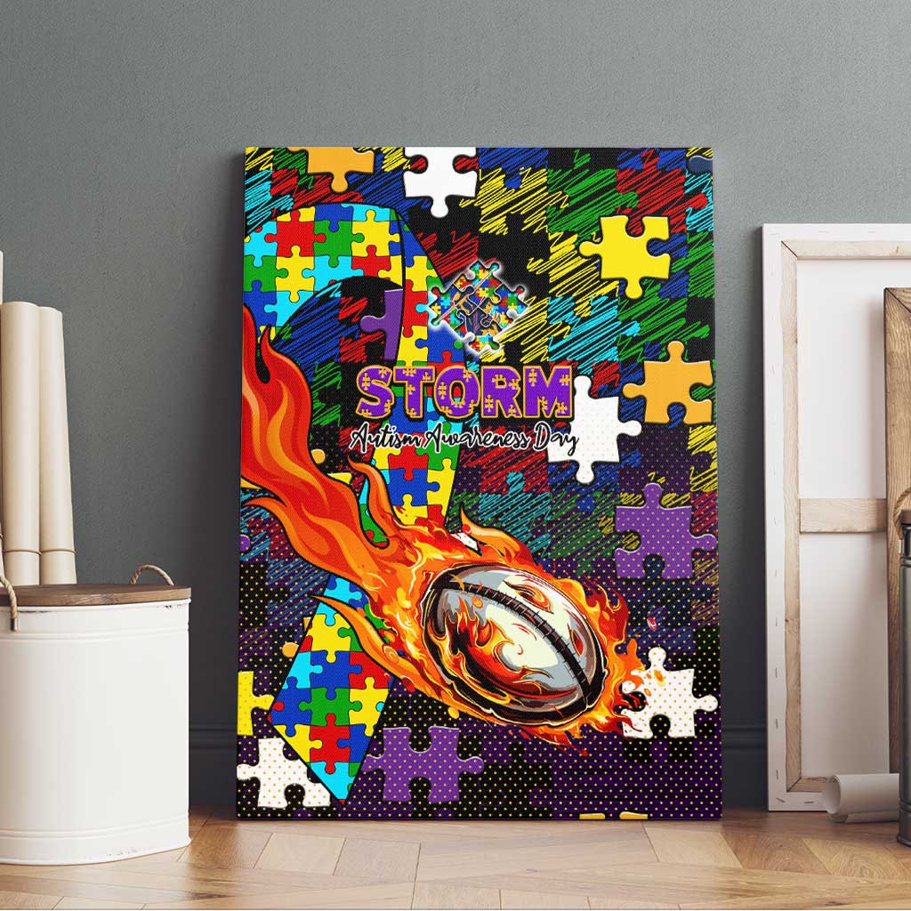 Storm Autism Awareness Canvas Wall Art Puzzle Flames Rugby Ball