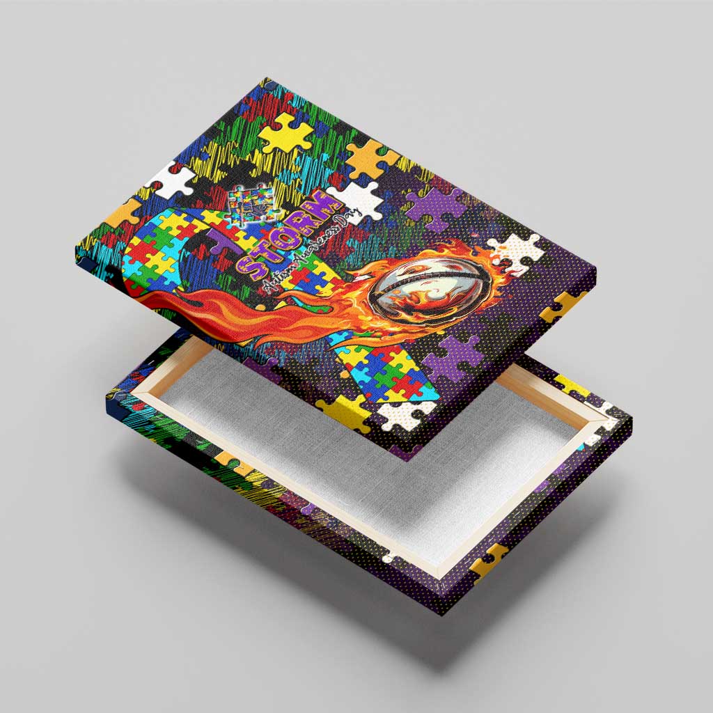 Storm Autism Awareness Canvas Wall Art Puzzle Flames Rugby Ball