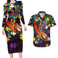 Storm Autism Awareness Couples Matching Long Sleeve Bodycon Dress and Hawaiian Shirt Puzzle Flames Rugby Ball