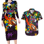 Storm Autism Awareness Couples Matching Long Sleeve Bodycon Dress and Hawaiian Shirt Puzzle Flames Rugby Ball