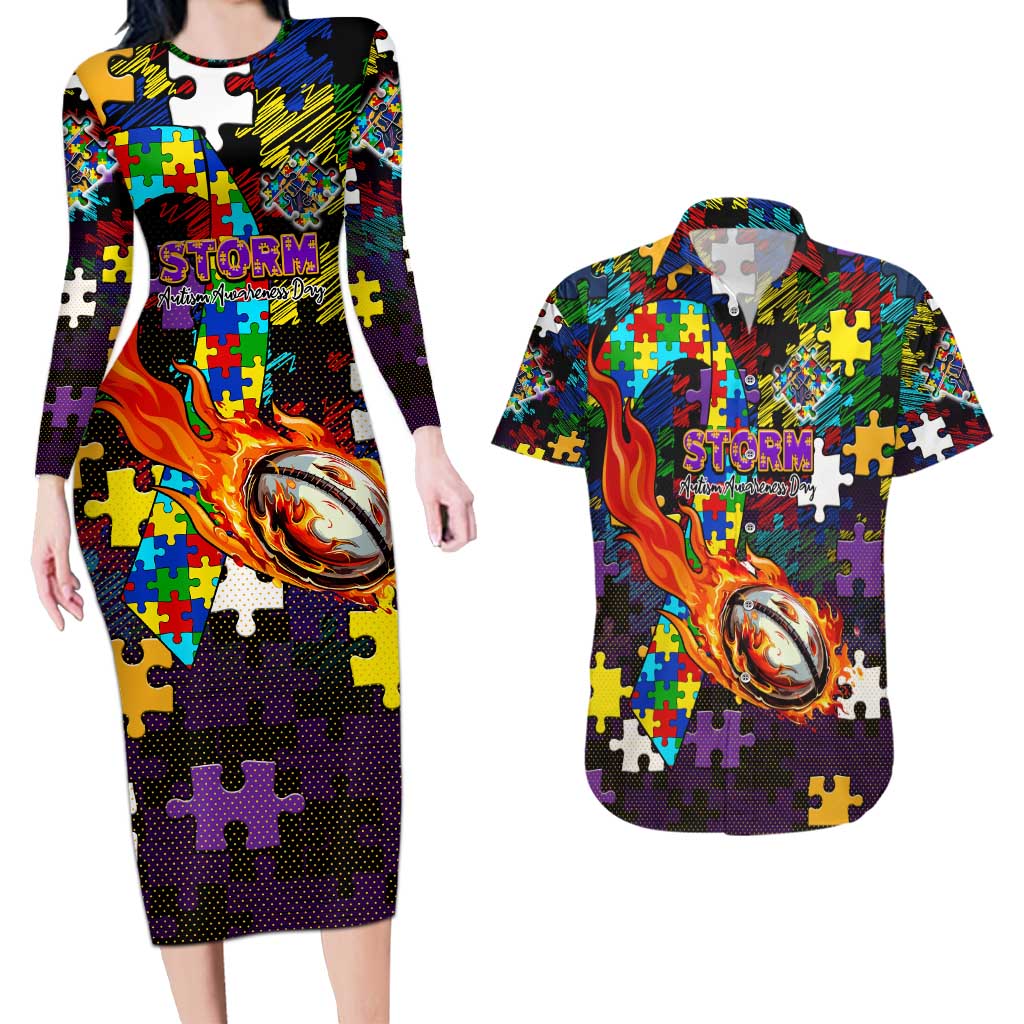 Storm Autism Awareness Couples Matching Long Sleeve Bodycon Dress and Hawaiian Shirt Puzzle Flames Rugby Ball