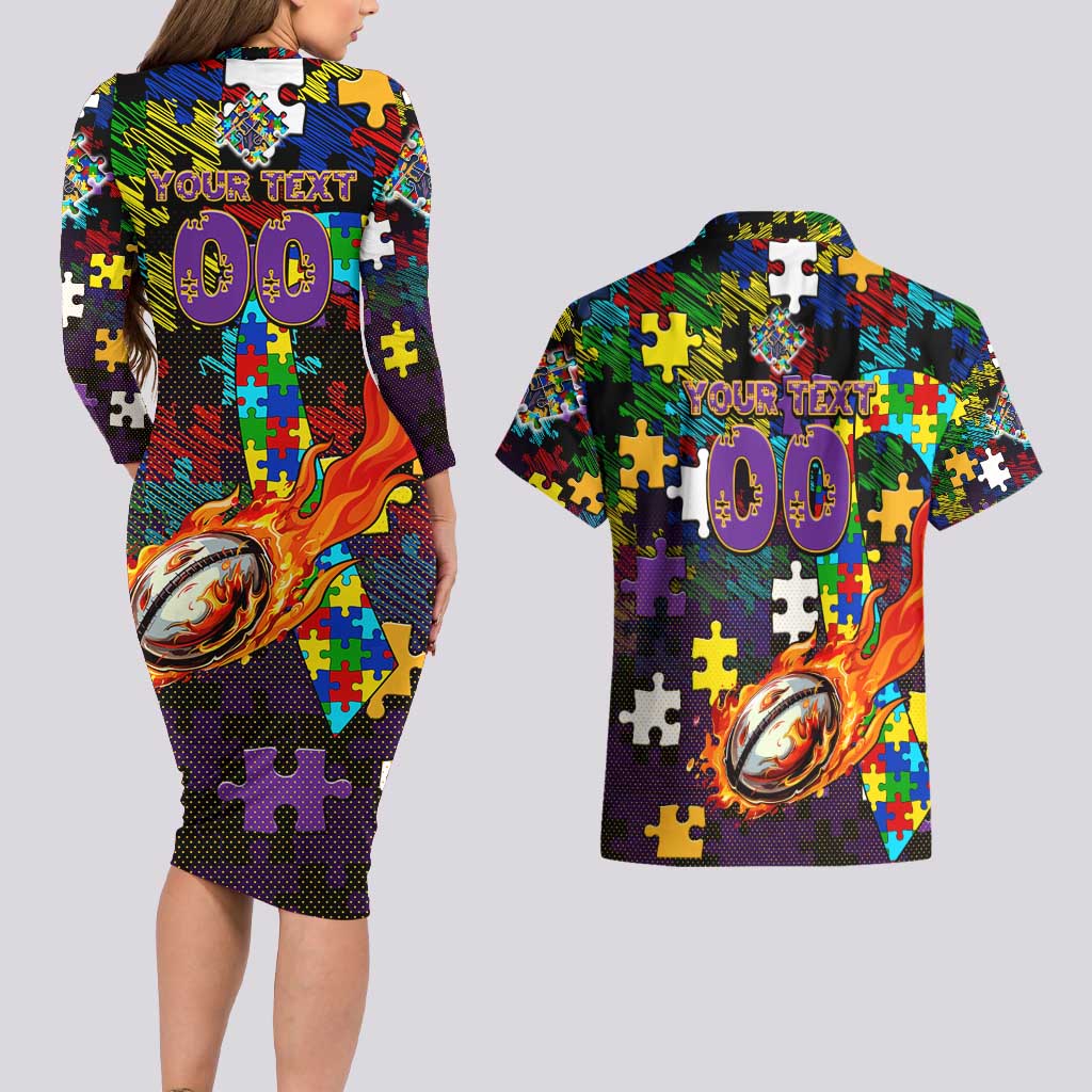 Storm Autism Awareness Couples Matching Long Sleeve Bodycon Dress and Hawaiian Shirt Puzzle Flames Rugby Ball