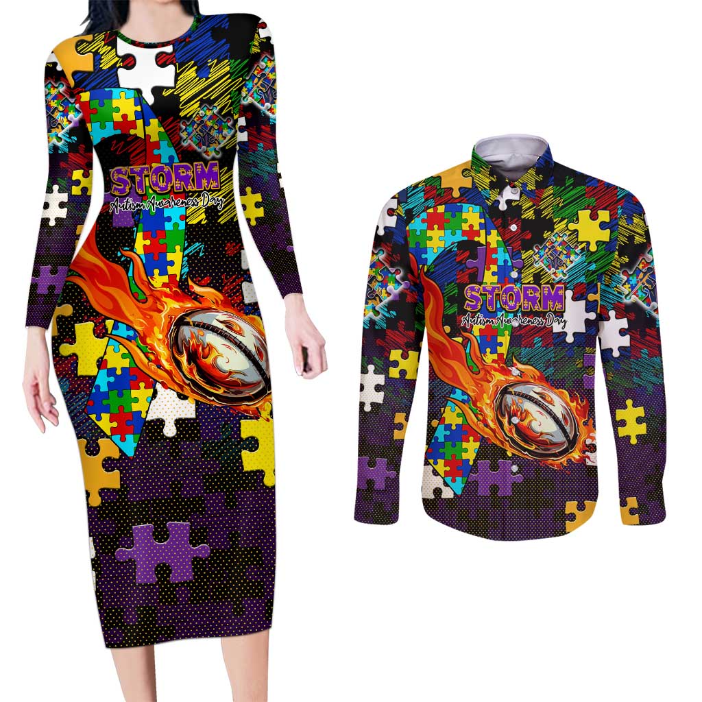 Storm Autism Awareness Couples Matching Long Sleeve Bodycon Dress and Long Sleeve Button Shirt Puzzle Flames Rugby Ball