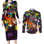 Storm Autism Awareness Couples Matching Long Sleeve Bodycon Dress and Long Sleeve Button Shirt Puzzle Flames Rugby Ball