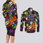 Storm Autism Awareness Couples Matching Long Sleeve Bodycon Dress and Long Sleeve Button Shirt Puzzle Flames Rugby Ball