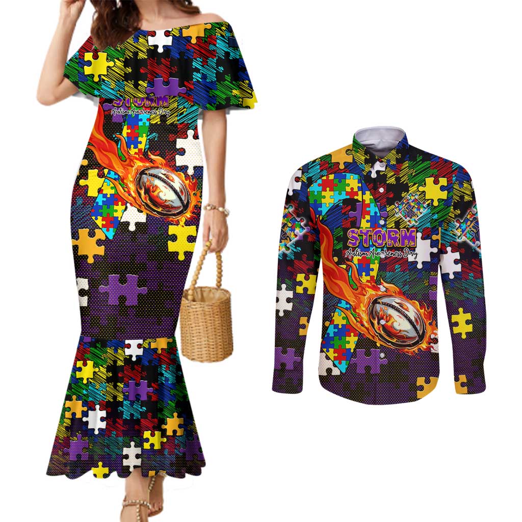 Storm Autism Awareness Couples Matching Mermaid Dress and Long Sleeve Button Shirt Puzzle Flames Rugby Ball