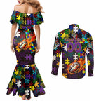 Storm Autism Awareness Couples Matching Mermaid Dress and Long Sleeve Button Shirt Puzzle Flames Rugby Ball