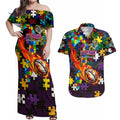 Storm Autism Awareness Couples Matching Off Shoulder Maxi Dress and Hawaiian Shirt Puzzle Flames Rugby Ball