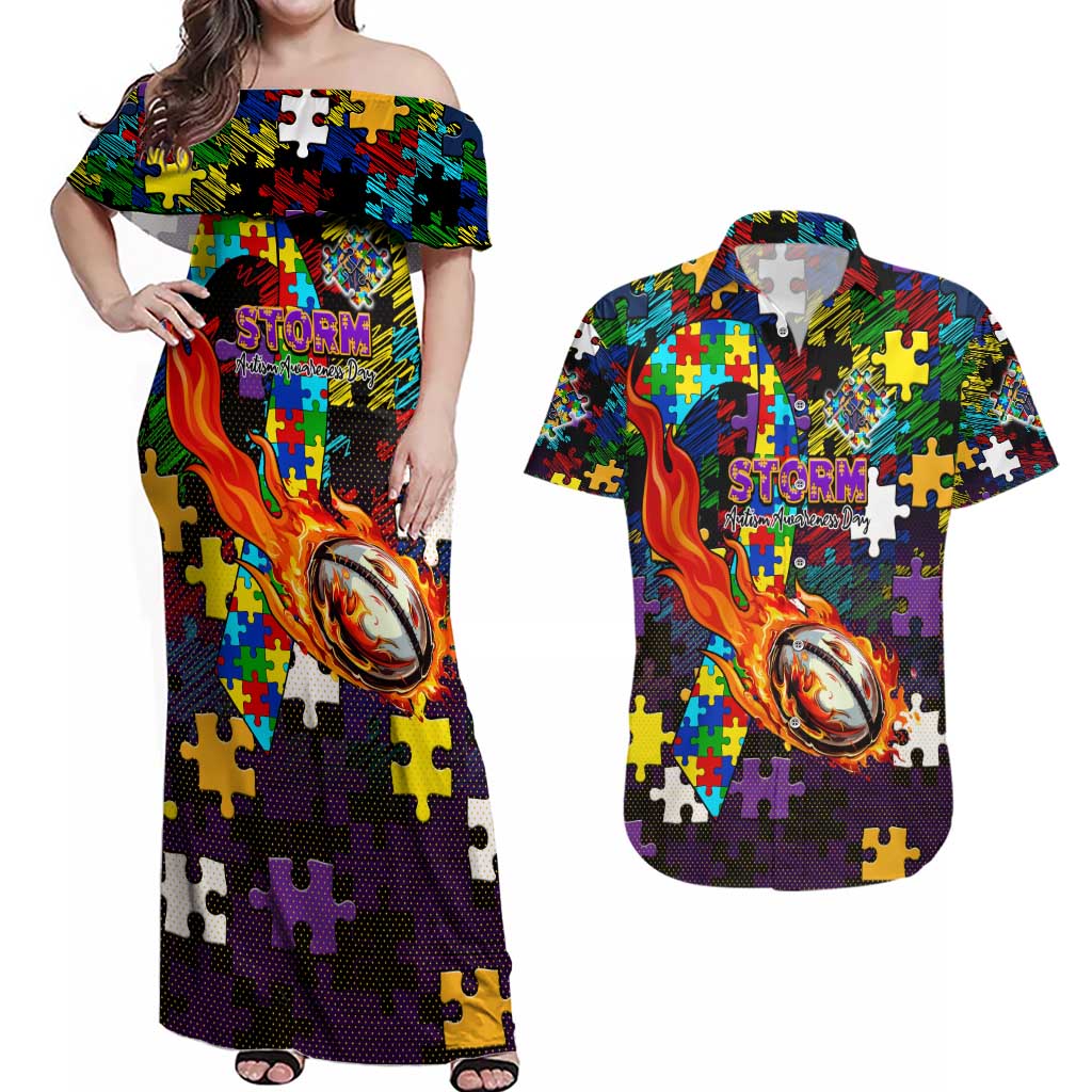 Storm Autism Awareness Couples Matching Off Shoulder Maxi Dress and Hawaiian Shirt Puzzle Flames Rugby Ball