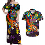 Storm Autism Awareness Couples Matching Off Shoulder Maxi Dress and Hawaiian Shirt Puzzle Flames Rugby Ball