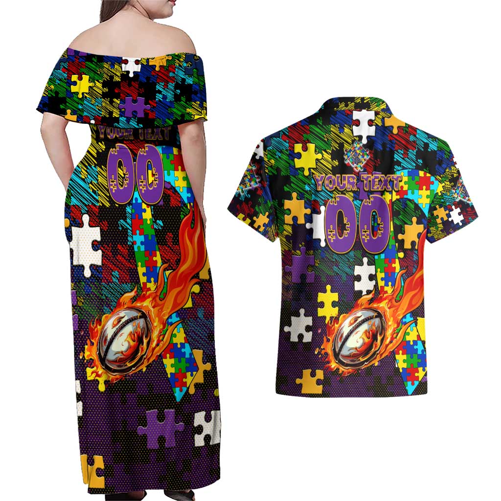 Storm Autism Awareness Couples Matching Off Shoulder Maxi Dress and Hawaiian Shirt Puzzle Flames Rugby Ball