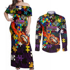 Storm Autism Awareness Couples Matching Off Shoulder Maxi Dress and Long Sleeve Button Shirt Puzzle Flames Rugby Ball