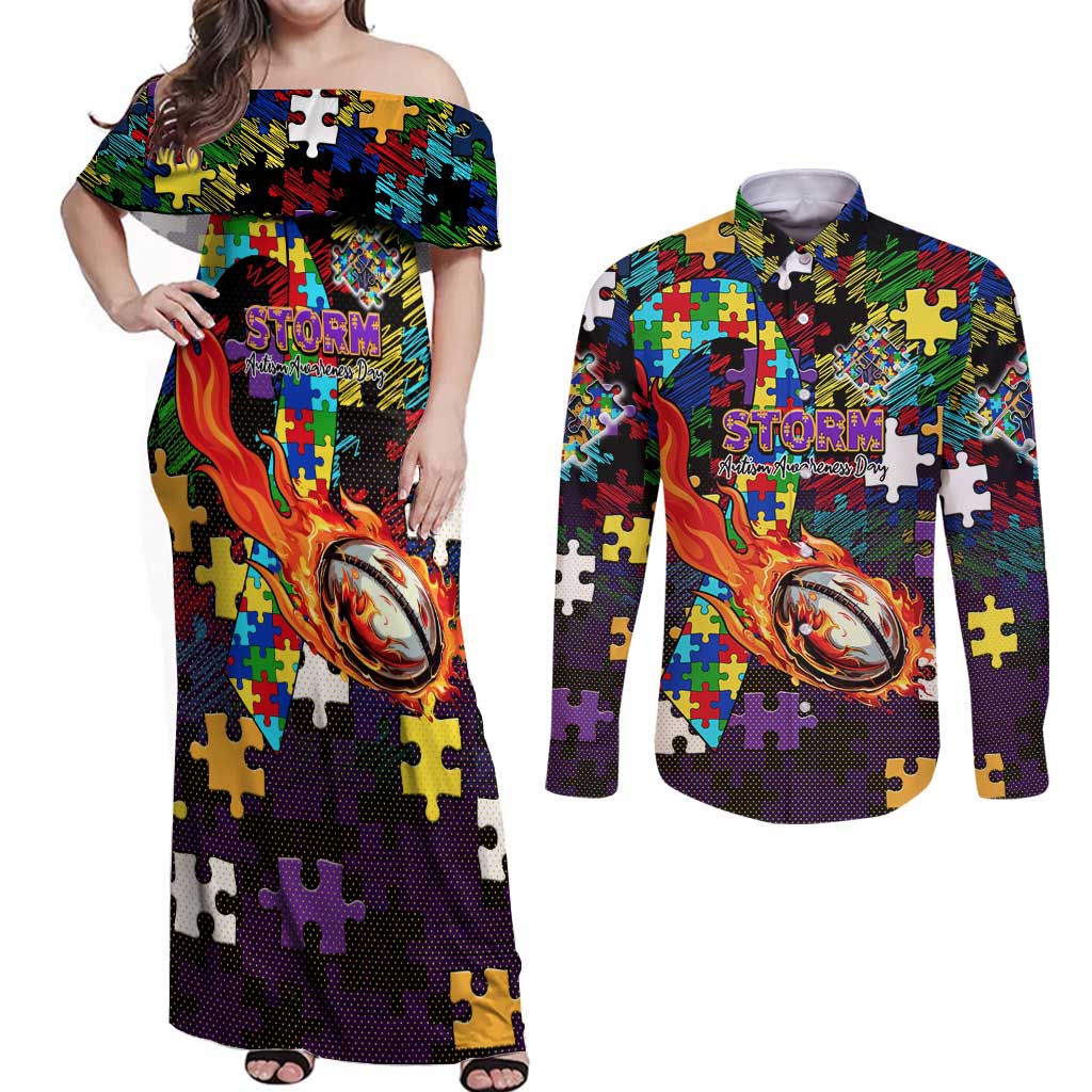 Storm Autism Awareness Couples Matching Off Shoulder Maxi Dress and Long Sleeve Button Shirt Puzzle Flames Rugby Ball