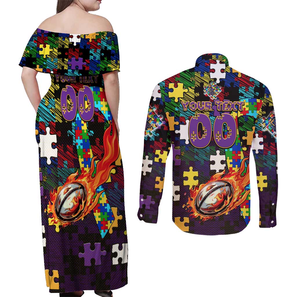 Storm Autism Awareness Couples Matching Off Shoulder Maxi Dress and Long Sleeve Button Shirt Puzzle Flames Rugby Ball