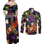 Storm Autism Awareness Couples Matching Off Shoulder Maxi Dress and Long Sleeve Button Shirt Puzzle Flames Rugby Ball