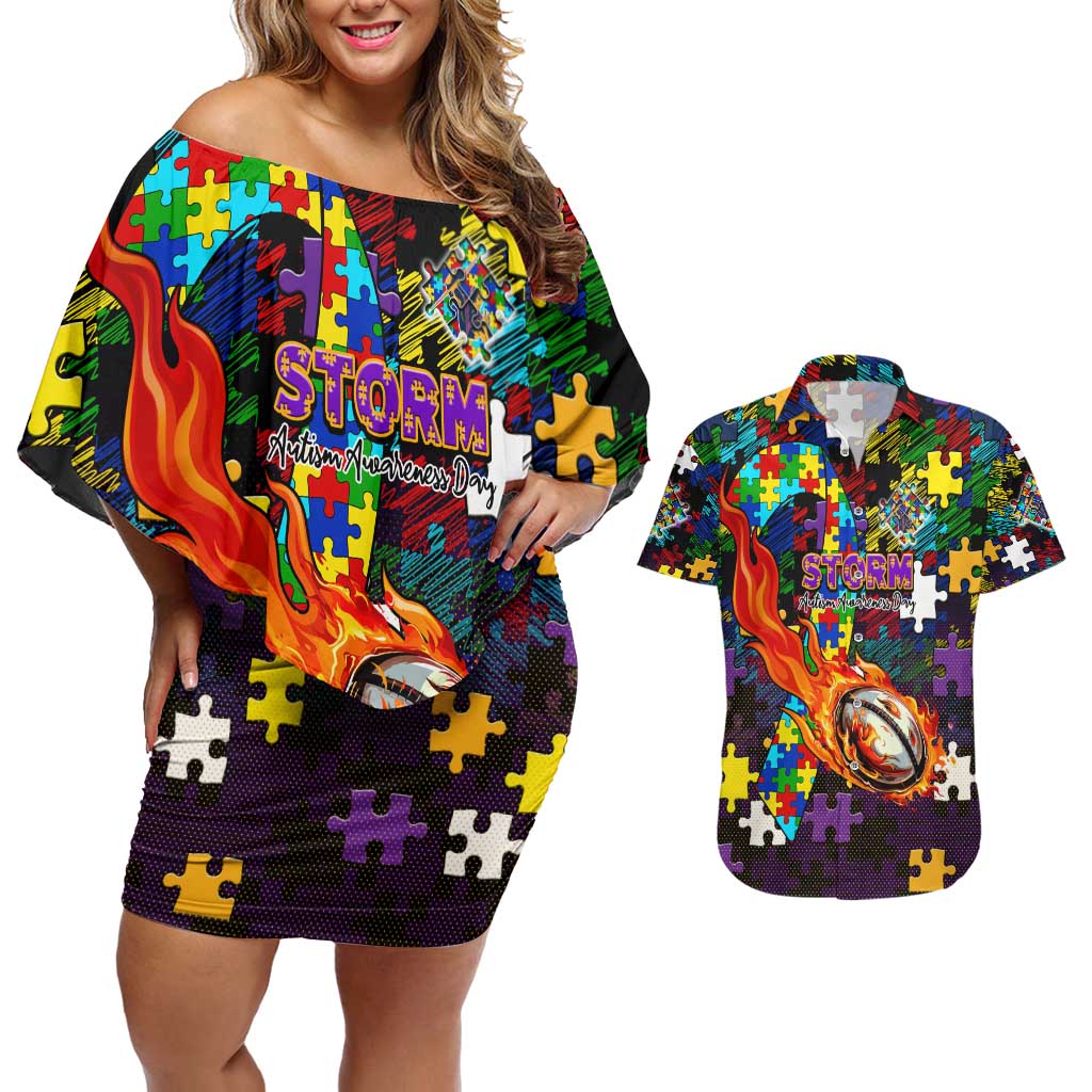Storm Autism Awareness Couples Matching Off Shoulder Short Dress and Hawaiian Shirt Puzzle Flames Rugby Ball