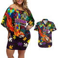 Storm Autism Awareness Couples Matching Off Shoulder Short Dress and Hawaiian Shirt Puzzle Flames Rugby Ball