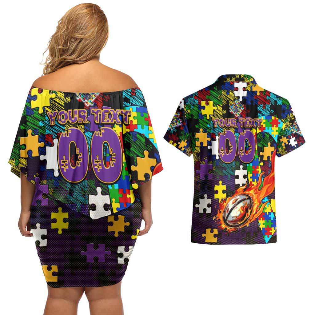 Storm Autism Awareness Couples Matching Off Shoulder Short Dress and Hawaiian Shirt Puzzle Flames Rugby Ball