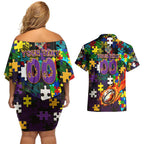 Storm Autism Awareness Couples Matching Off Shoulder Short Dress and Hawaiian Shirt Puzzle Flames Rugby Ball