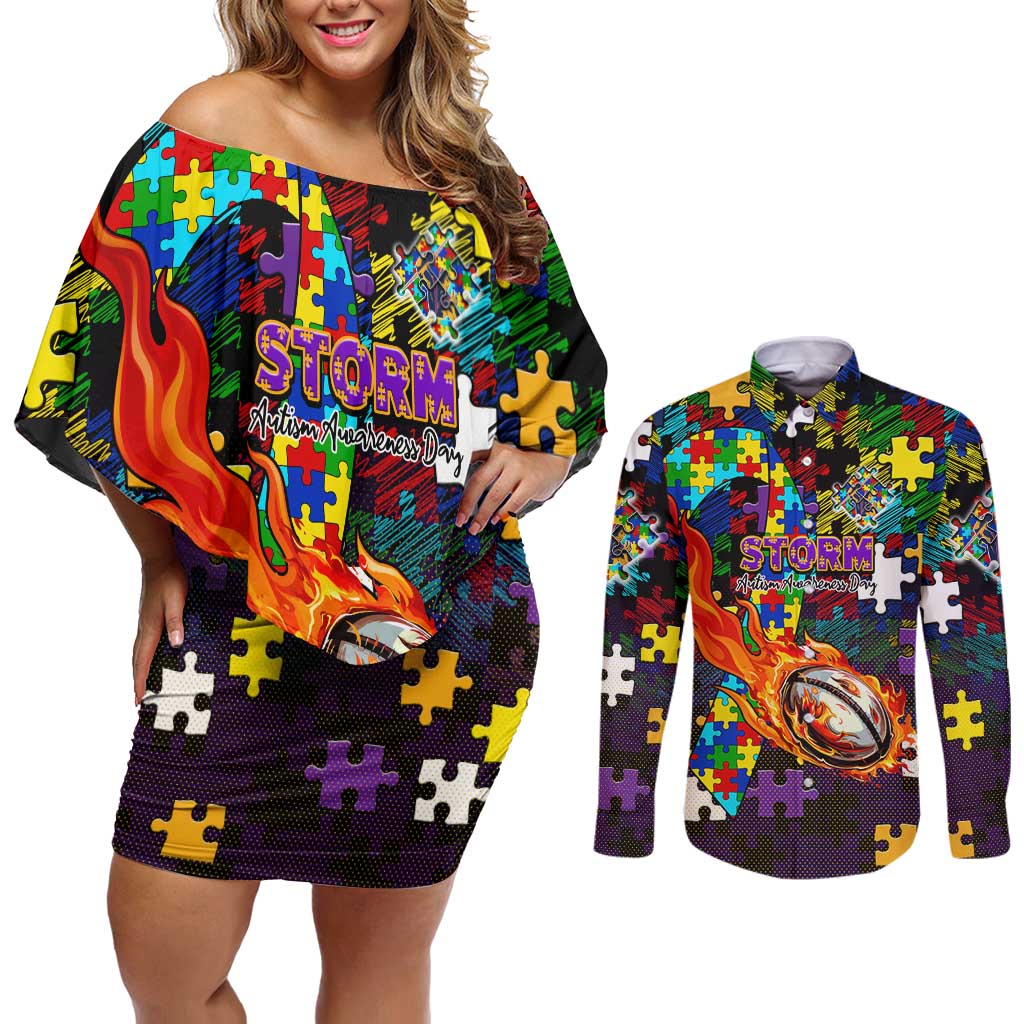 Storm Autism Awareness Couples Matching Off Shoulder Short Dress and Long Sleeve Button Shirt Puzzle Flames Rugby Ball