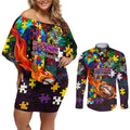 Storm Autism Awareness Couples Matching Off Shoulder Short Dress and Long Sleeve Button Shirt Puzzle Flames Rugby Ball