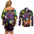 Storm Autism Awareness Couples Matching Off Shoulder Short Dress and Long Sleeve Button Shirt Puzzle Flames Rugby Ball
