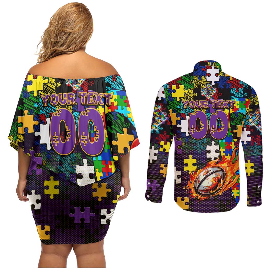 Storm Autism Awareness Couples Matching Off Shoulder Short Dress and Long Sleeve Button Shirt Puzzle Flames Rugby Ball
