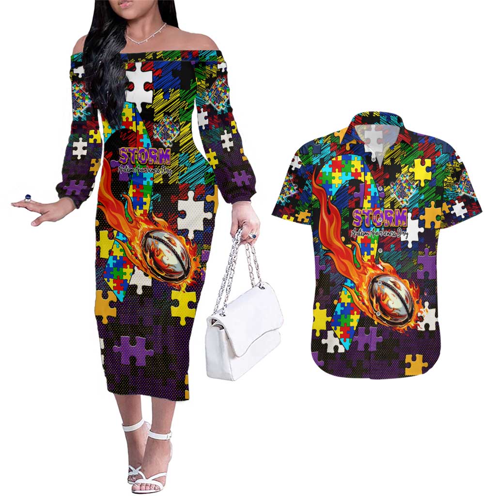 Storm Autism Awareness Couples Matching Off The Shoulder Long Sleeve Dress and Hawaiian Shirt Puzzle Flames Rugby Ball