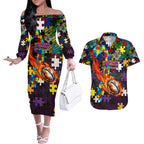 Storm Autism Awareness Couples Matching Off The Shoulder Long Sleeve Dress and Hawaiian Shirt Puzzle Flames Rugby Ball