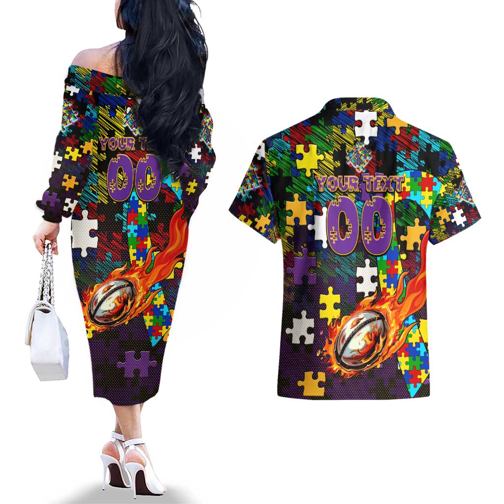 Storm Autism Awareness Couples Matching Off The Shoulder Long Sleeve Dress and Hawaiian Shirt Puzzle Flames Rugby Ball