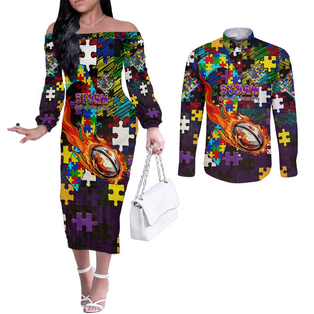 Storm Autism Awareness Couples Matching Off The Shoulder Long Sleeve Dress and Long Sleeve Button Shirt Puzzle Flames Rugby Ball