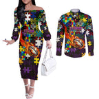 Storm Autism Awareness Couples Matching Off The Shoulder Long Sleeve Dress and Long Sleeve Button Shirt Puzzle Flames Rugby Ball