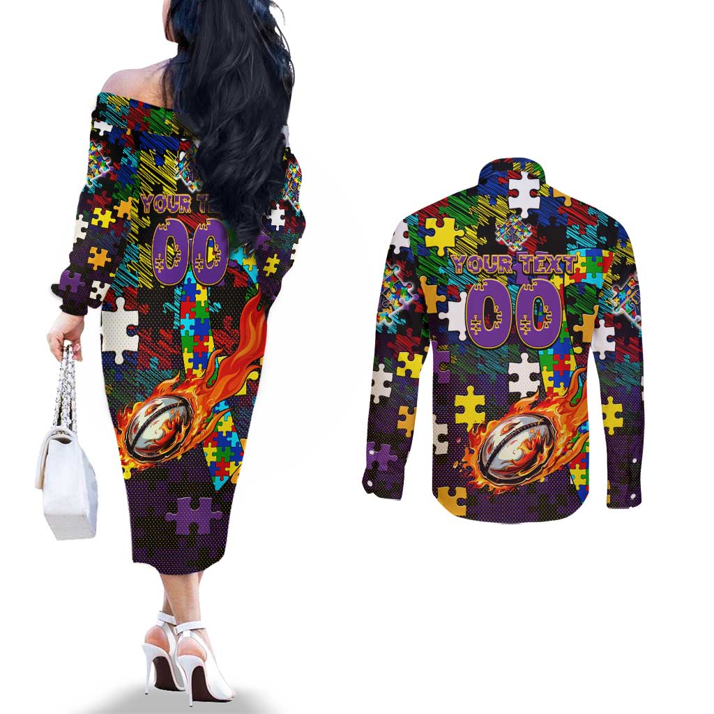 Storm Autism Awareness Couples Matching Off The Shoulder Long Sleeve Dress and Long Sleeve Button Shirt Puzzle Flames Rugby Ball