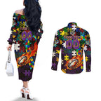 Storm Autism Awareness Couples Matching Off The Shoulder Long Sleeve Dress and Long Sleeve Button Shirt Puzzle Flames Rugby Ball