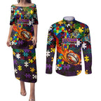 Storm Autism Awareness Couples Matching Puletasi and Long Sleeve Button Shirt Puzzle Flames Rugby Ball
