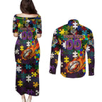 Storm Autism Awareness Couples Matching Puletasi and Long Sleeve Button Shirt Puzzle Flames Rugby Ball