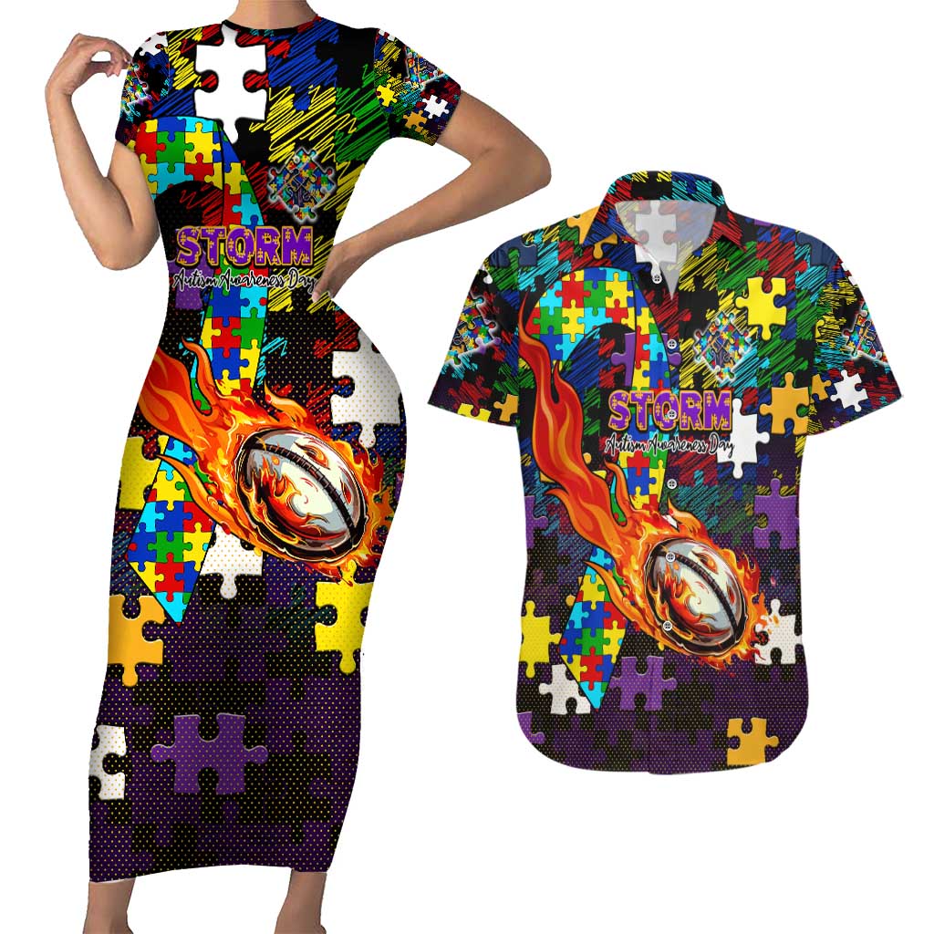 Storm Autism Awareness Couples Matching Short Sleeve Bodycon Dress and Hawaiian Shirt Puzzle Flames Rugby Ball