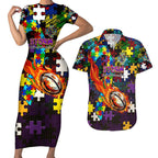 Storm Autism Awareness Couples Matching Short Sleeve Bodycon Dress and Hawaiian Shirt Puzzle Flames Rugby Ball