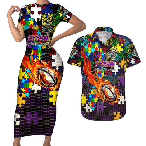 Storm Autism Awareness Couples Matching Short Sleeve Bodycon Dress and Hawaiian Shirt Puzzle Flames Rugby Ball