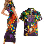Storm Autism Awareness Couples Matching Short Sleeve Bodycon Dress and Hawaiian Shirt Puzzle Flames Rugby Ball