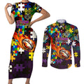 Storm Autism Awareness Couples Matching Short Sleeve Bodycon Dress and Long Sleeve Button Shirt Puzzle Flames Rugby Ball