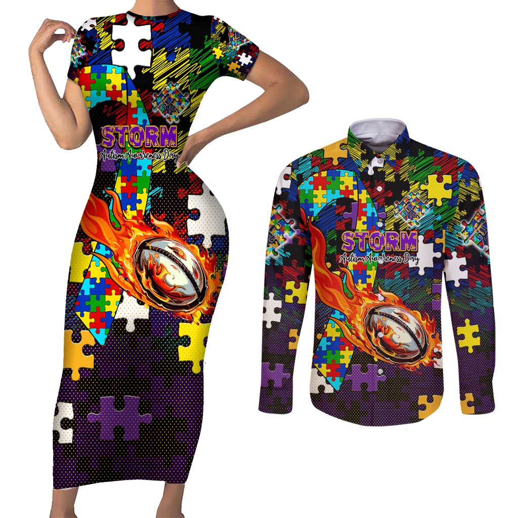 Storm Autism Awareness Couples Matching Short Sleeve Bodycon Dress and Long Sleeve Button Shirt Puzzle Flames Rugby Ball