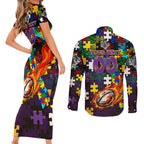 Storm Autism Awareness Couples Matching Short Sleeve Bodycon Dress and Long Sleeve Button Shirt Puzzle Flames Rugby Ball