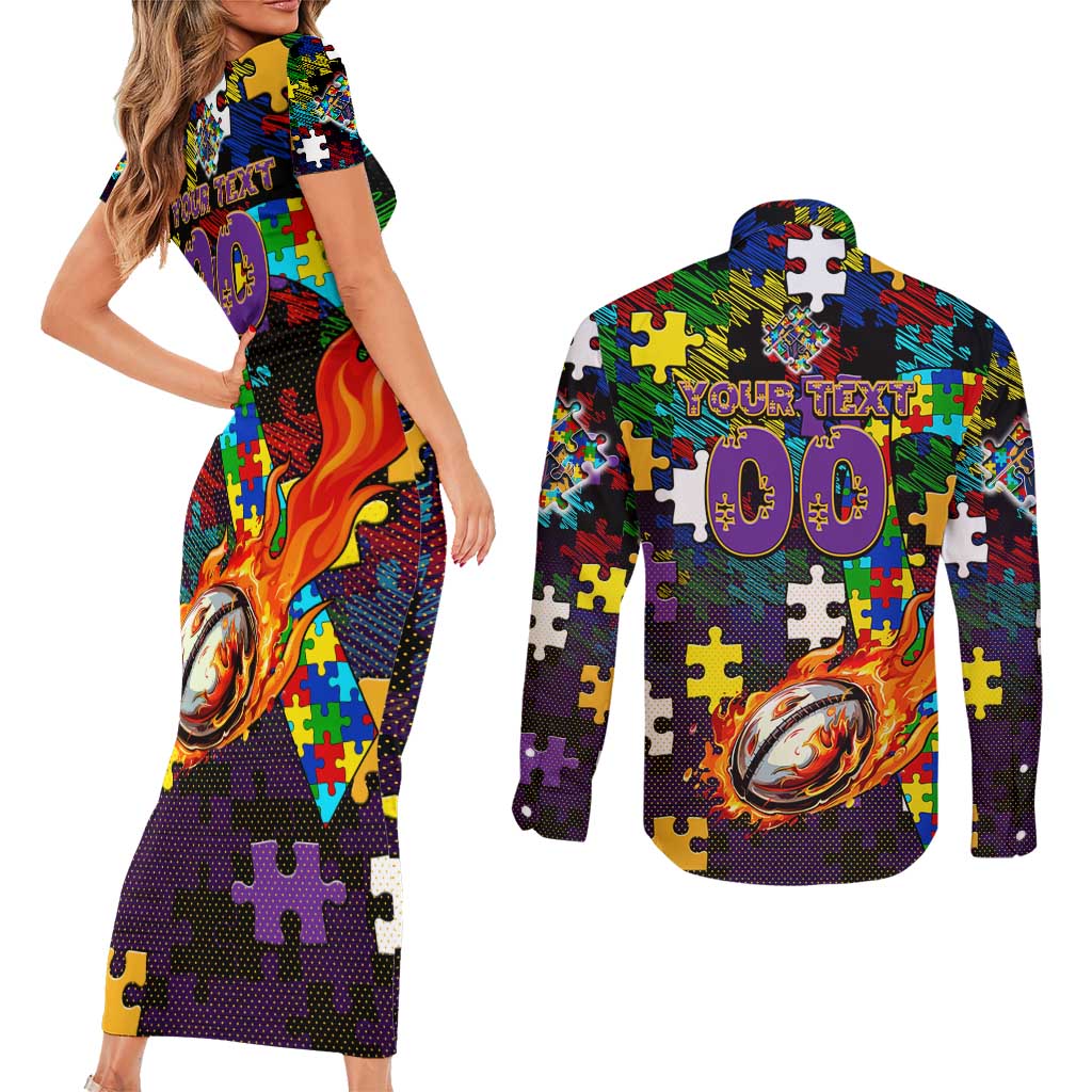 Storm Autism Awareness Couples Matching Short Sleeve Bodycon Dress and Long Sleeve Button Shirt Puzzle Flames Rugby Ball